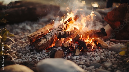Generative AI, Burning bonfire in the evening, camping outdoor concept in neutral muted colors, tourist camp © DELstudio