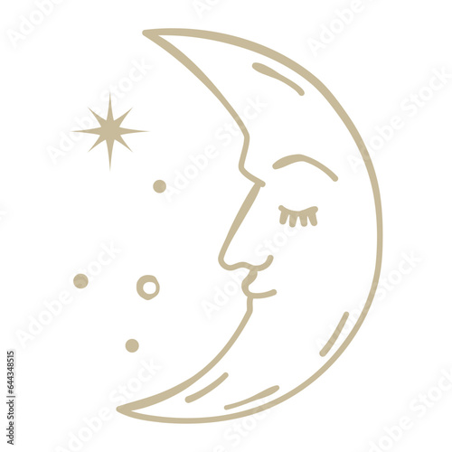 Gold crescent moon illustration with face. closed eyes. Vector hand drawn mystical element.
