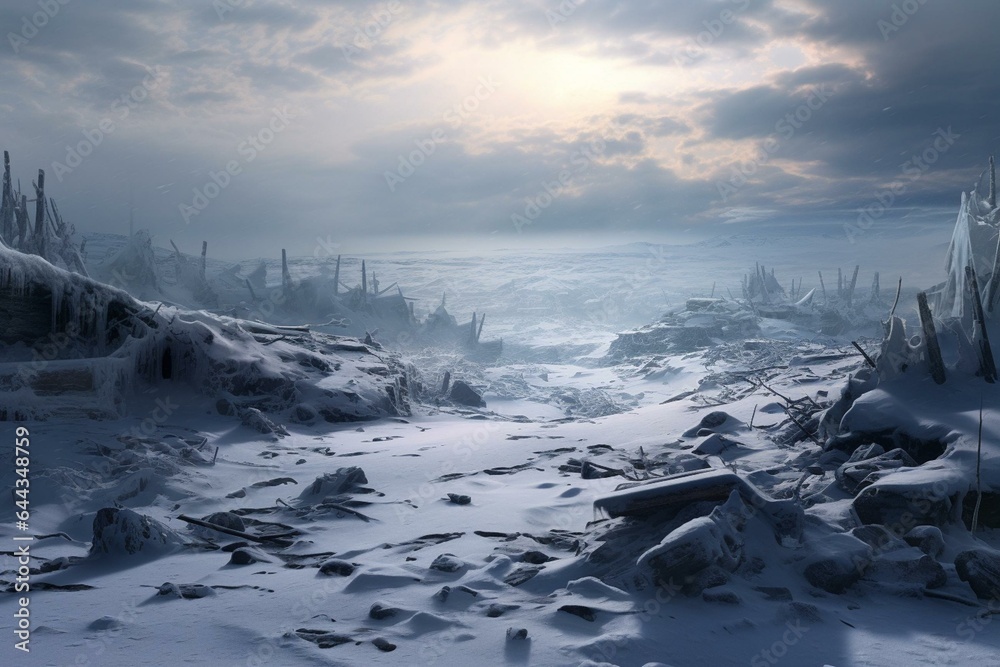 A snowy landscape ravaged by a blizzard. Generative AI