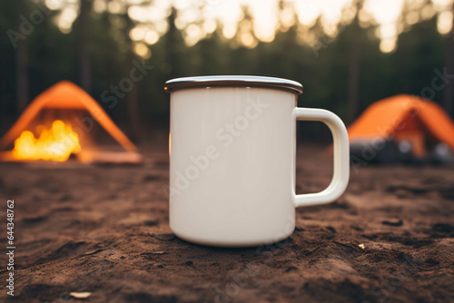 Rustic metal enamel camping mug mockup, nature background, closeup view