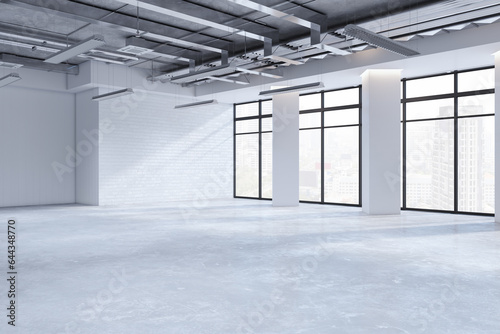 Simple empty brick office premises interior with panoramic windows, city view, shadows and mock up place on wall. 3D Rendering.