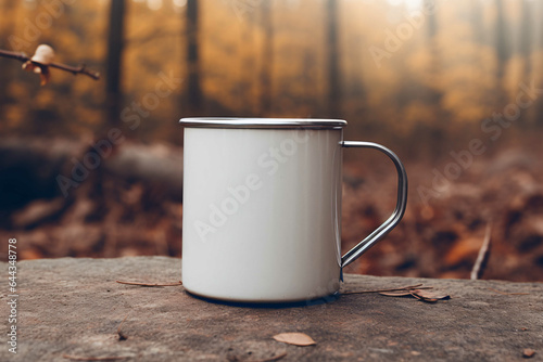 Rustic metal enamel camping mug mockup, nature background, closeup view
