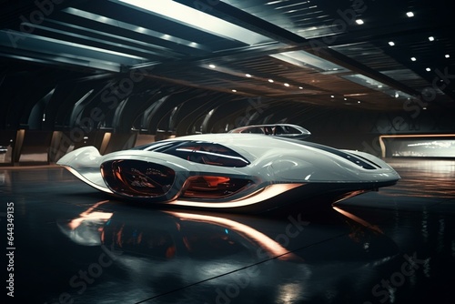 Futuristic vessel in illuminated cyber tunnel, situated in glossy concrete underground hangar. Generative AI © Sirius