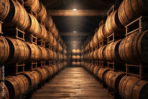 Storage of wine barrels in a vault. Barrels of cognac, wine, or whiskey. Oak barrels in an alcohol warehouse. 3D illustration. Generative AI