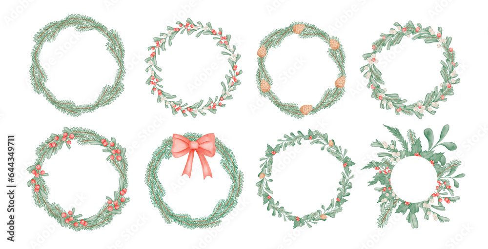 Christmas wreaths big set with winter holiday decoration. Holly wreath with red and white berrys. Christmas wreaths big set with winter holiday decoration. Holly wreath with red and white berrys.
