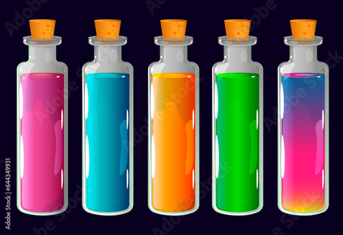 Magic potions set, poison in a bottle. Magic elixir game icon, skull and bones. Design elements, vector illustration.