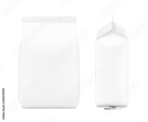 Hyper realistic packaging bag mockup. Front and back views. Vector illustration isolated on white background. Ready for use in presentation, promo, advertising on any backgrounds. EPS10.
