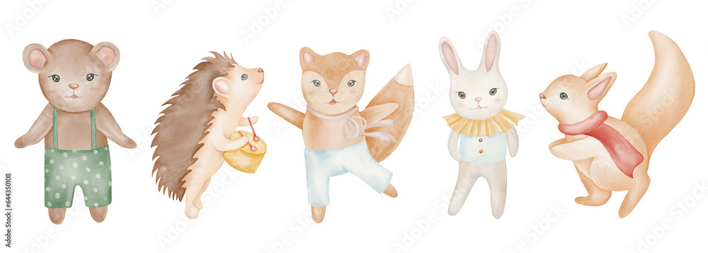 Naklejka premium Christmas set with isolated cute forest animals. Illustration for kids, X-mas holidays.