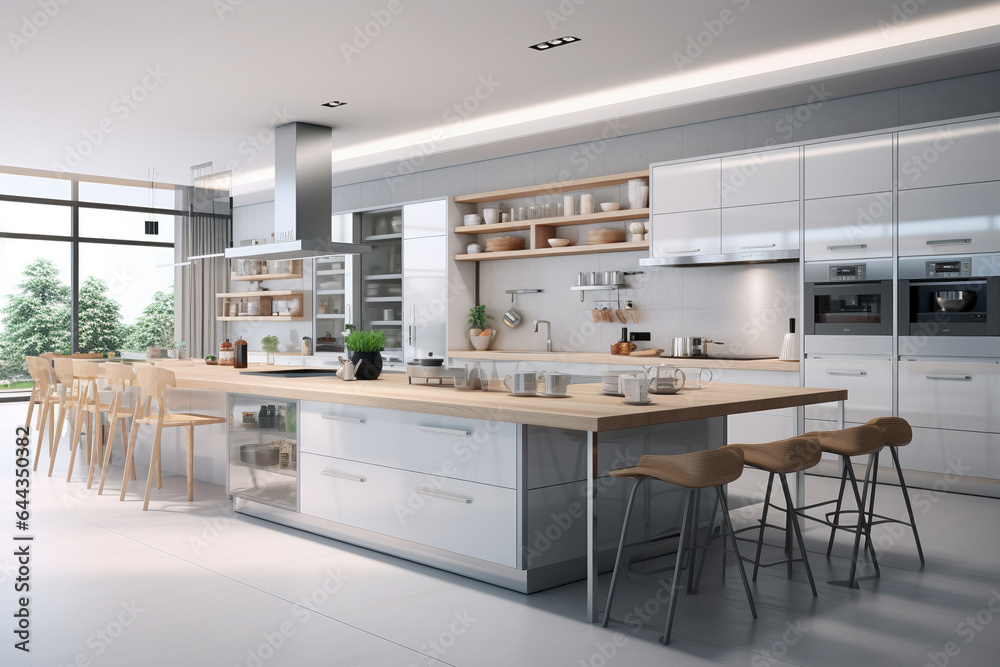 Spacious kitchen with a stylish interior and seating area Spacious kitchen with a stylish interior and seating area