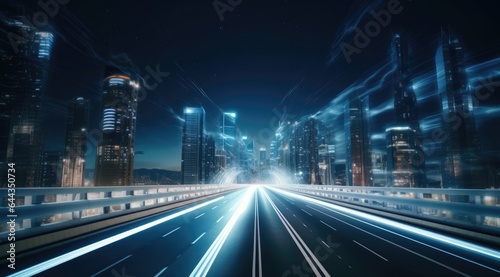 Highway with motion blur and cityscape at night