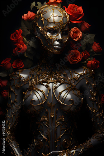 Black with Gold Robot with Muscles on Red Roses Background photo