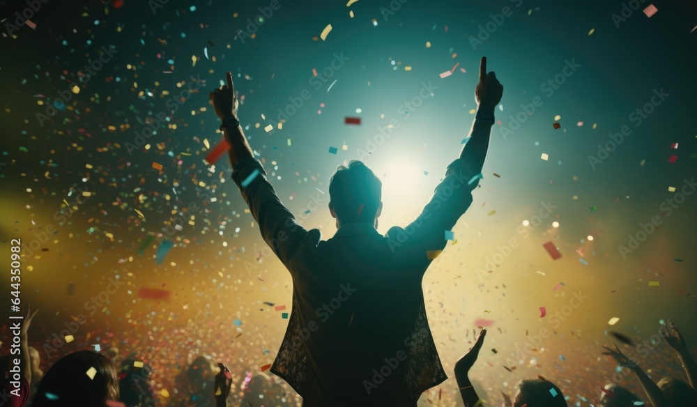 Celebration. Silhouette of a man in woship with confetti