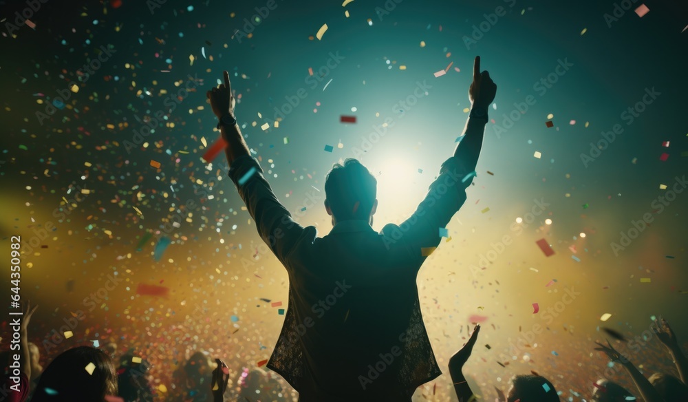 Naklejka premium Celebration. Silhouette of a man in woship with confetti