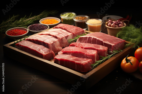 Prime Meat Cuts Selection A Gourmet Display at the Butcher Shop or Supermarket Section. created with Generative AI