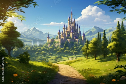 Sunny road through lush green woods leading to a majestic castle straight out of a fairy tale. Generative AI
