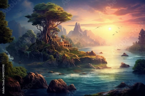 Enchanting seaside forest island in a dreamy fantasy landscape. Generative AI