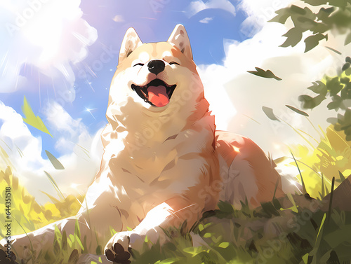 晴天の日に日差しを浴びてご機嫌な、大型犬のアニメ風イラスト