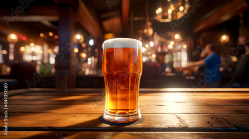 Glass of beer sitting on top of wooden table in bar.