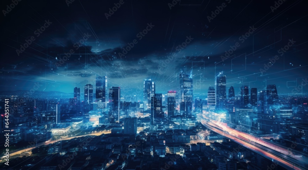 Modern cityscape at night with network concept. Mixed media.