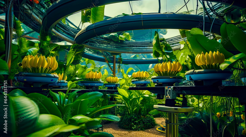 Greenhouse filled with lots of green plants and lots of yellow bananas hanging from the ceiling.