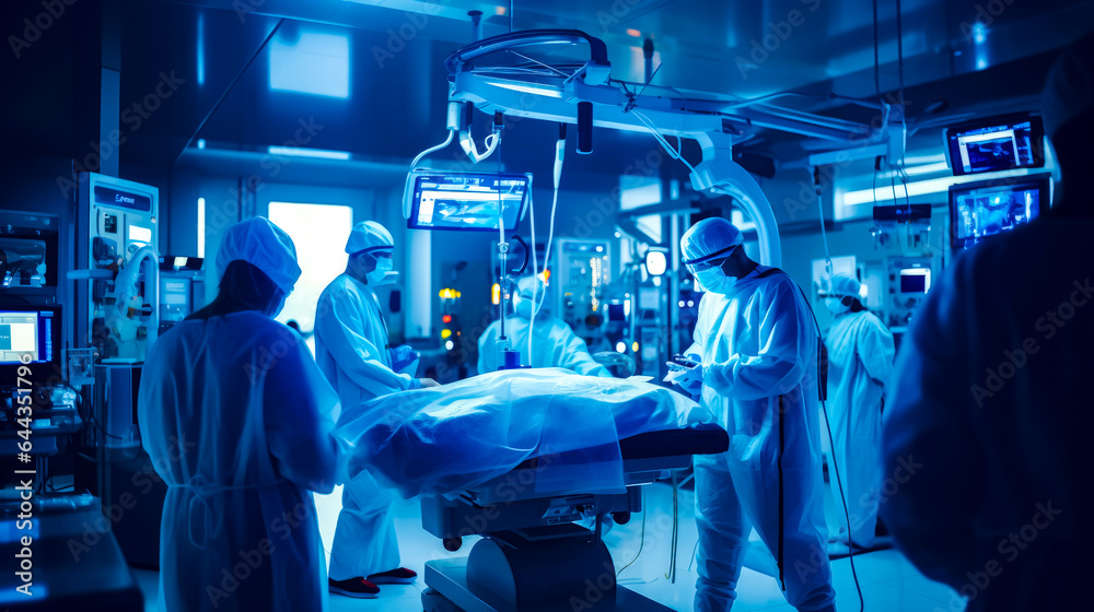 Group of doctors standing around bed in room with blue lights. Group of doctors standing around bed in room with blue lights.