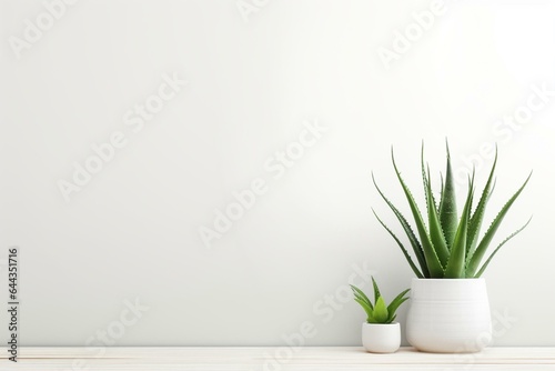 Aloe vera plant on white table. Empty space for text. Product mockup. Generative AI
