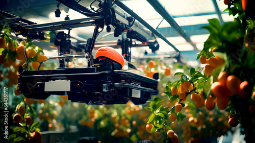Orange is growing in greenhouse with oranges hanging from the ceiling.