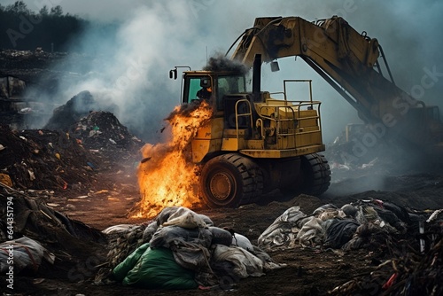 Polluting machinery shreds garbage at landfill. Generative AI
