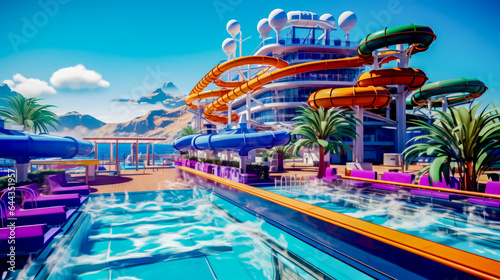 Rendering of water park with water slide and swimming pool.