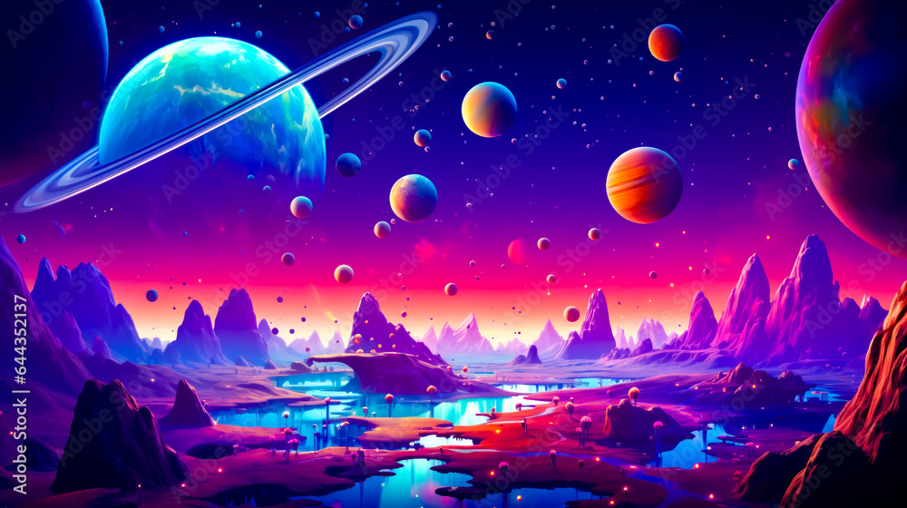 Painting of planets in the sky with mountains and body of water in the foreground.