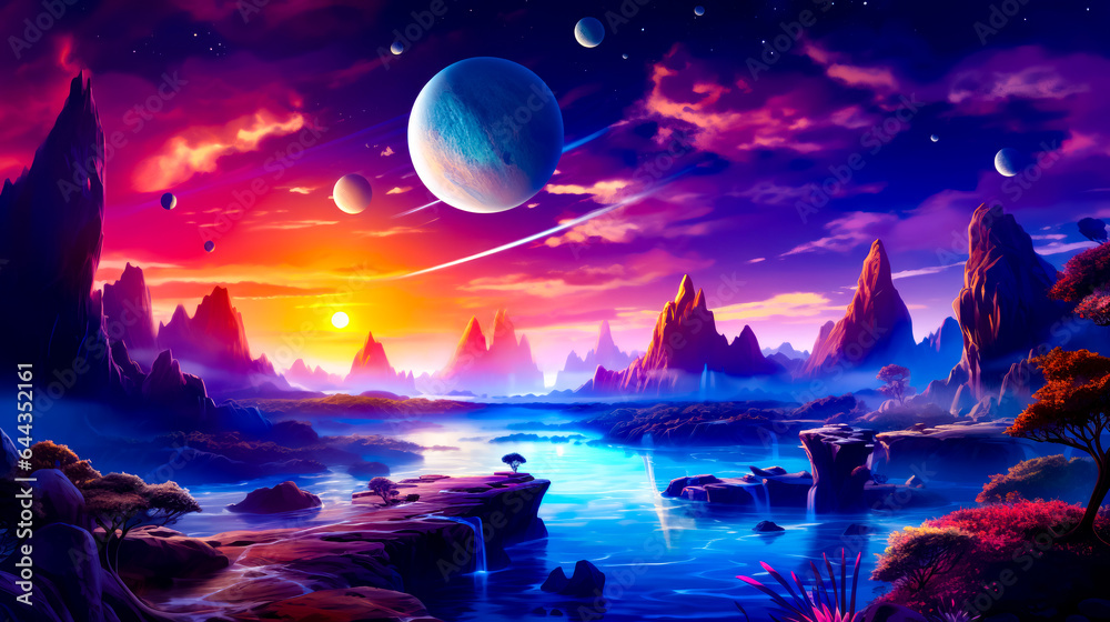 Fototapeta premium Painting of planets in the sky above body of water at sunset.