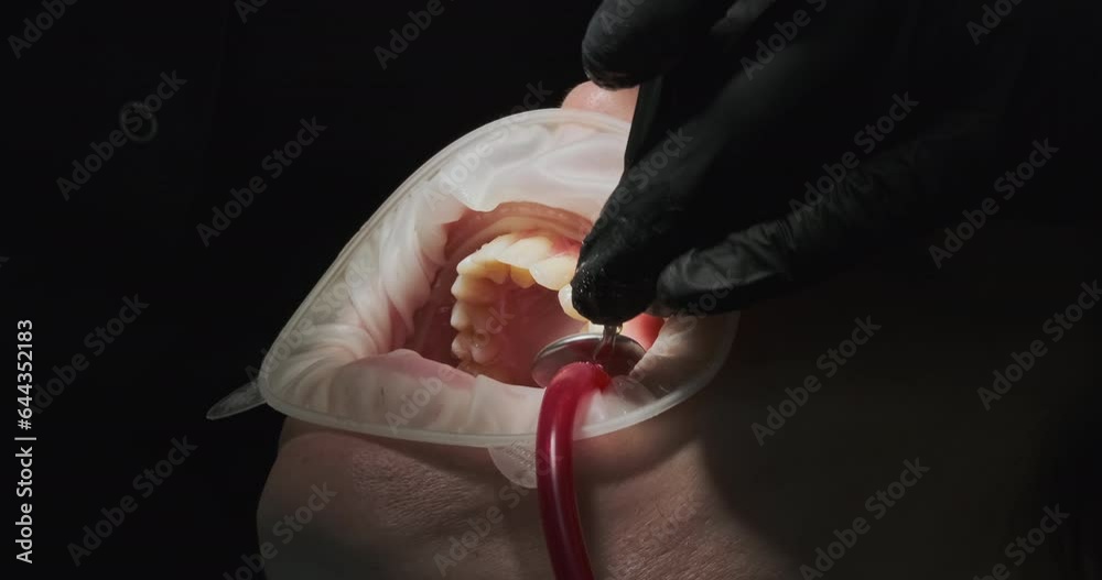 Dentist blows patient's mouth with compressed air. Treats teeth with ultrasound.