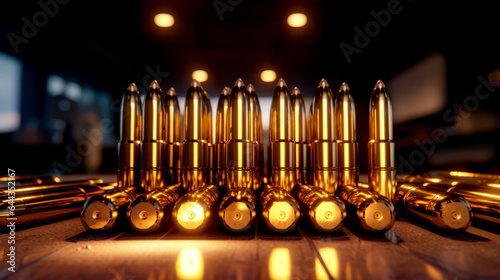 Group of bullet shells sitting on top of wooden table in room.