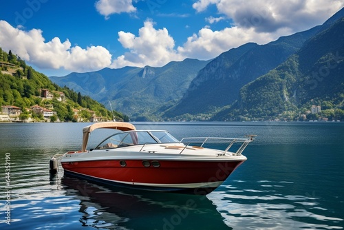 Motorboat docked near mountainous lake amidst blue skies. Generative AI