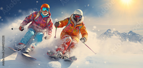 An excited duo embarks on a spirited holiday at a ski resort, embracing extreme winter activities.