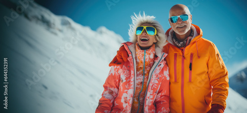 Wrapped in warm attire, a chic couple explores the picturesque mountain surroundings.