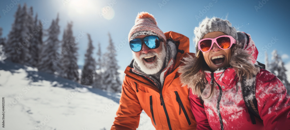 Amidst the snowy mountain backdrop, a stylish couple enjoys a breathtaking winter escape. Amidst the snowy mountain backdrop, a stylish couple enjoys a breathtaking winter escape.