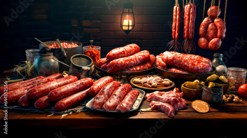 Table topped with lots of different types of sausages and meats.