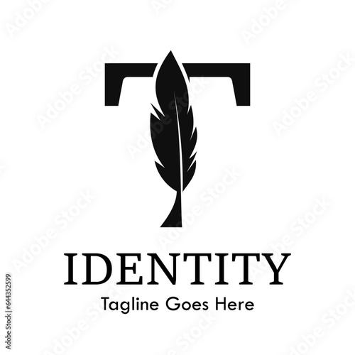 letter t with quill feather design template illustration. suitable for education, lawyer, learning brand, publishing related business.