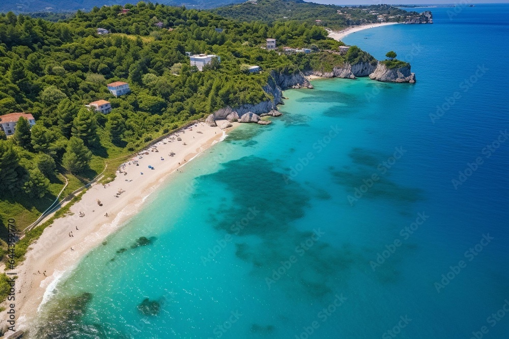 Aerial view of Porto Timoni beach in Greece's Corfu. Generative AI