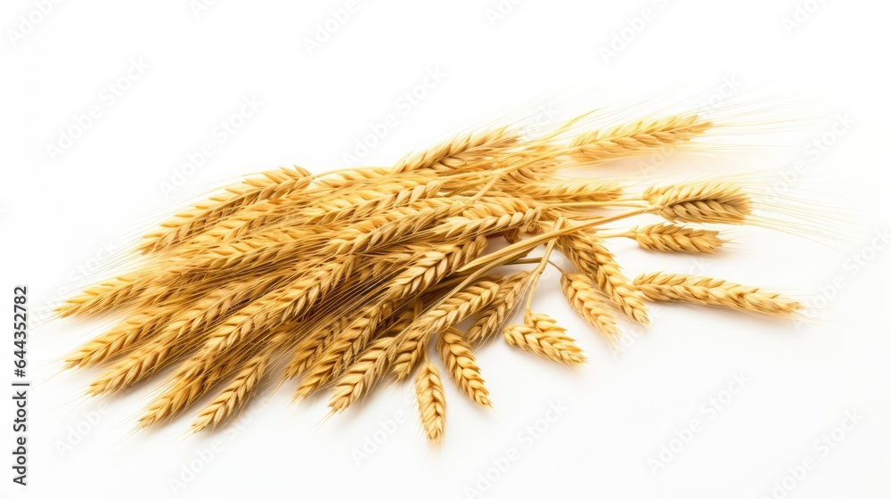Fototapeta premium Wheat ears isolated on white background. Top view. Flat lay. AI generated Image