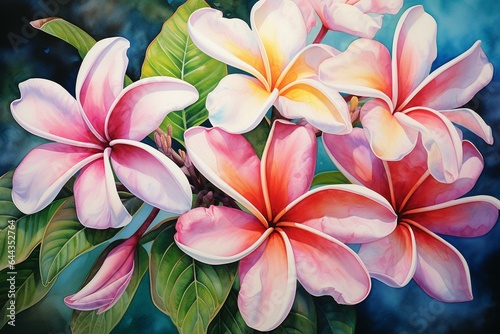 Watercolor of plumeria blossoms. Generative AI