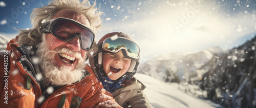 Grandfather with grandson on vacation in the mountains