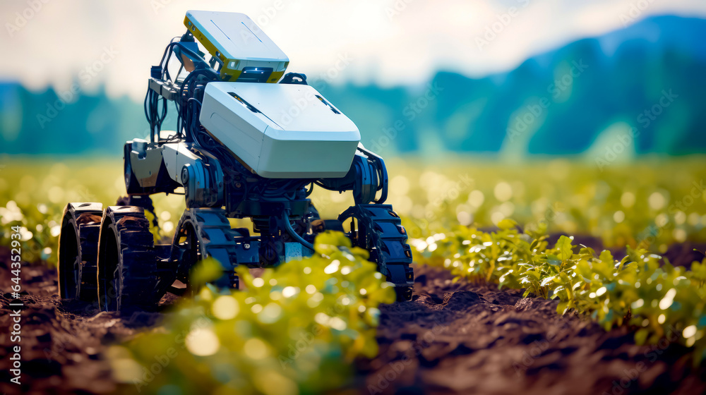 Small robot in the middle of field with camera attached to it. - obrazy, fototapety, plakaty 
