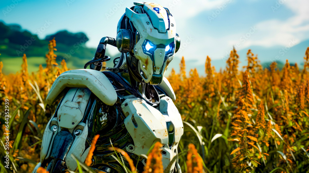 Robot standing in the middle of field of tall grass with blue eyes. Robot standing in the middle of field of tall grass with blue eyes.