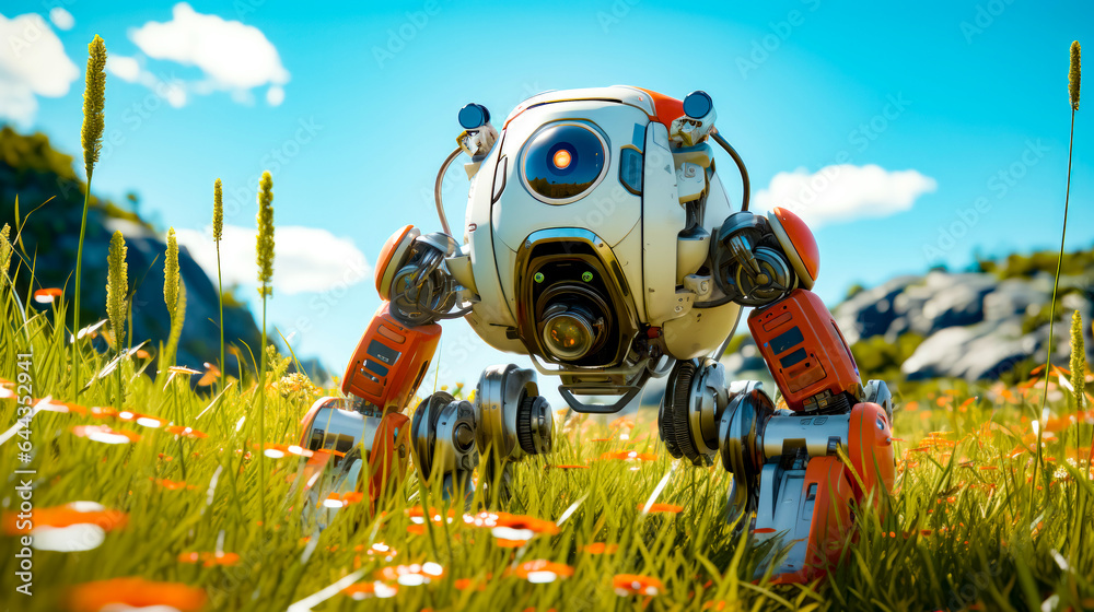 Robot in field of grass with daisies in the foreground. Robot in field of grass with daisies in the foreground.