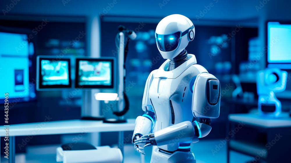 Robot that is standing in front of desk with computer monitor.
