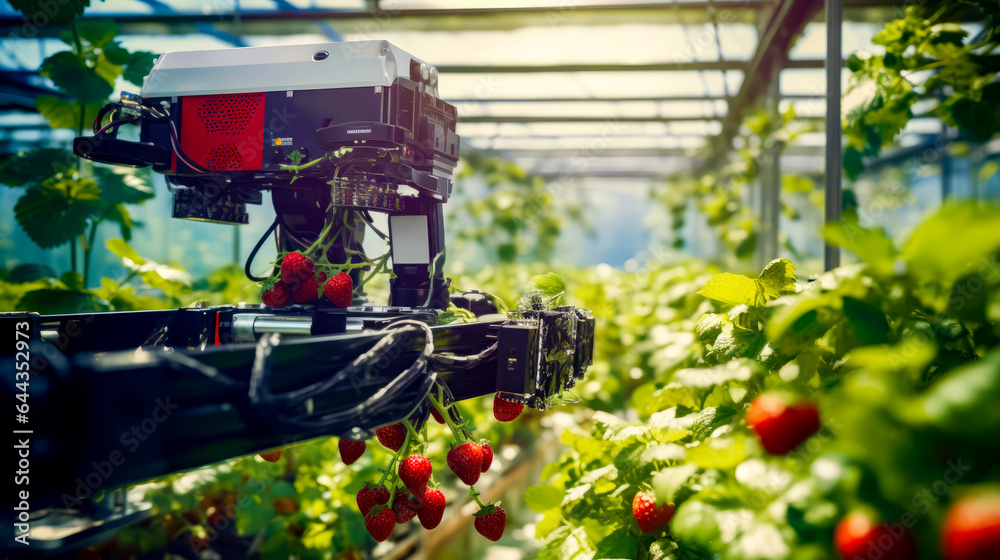 Camera attached to plant in greenhouse with strawberries hanging from it.