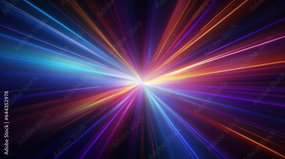 Abstract dark background of light with stripes of colorful rays moving from the center.