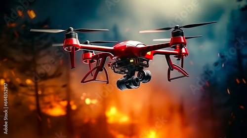 Red and black remote controlled flying over city with fire in the background.